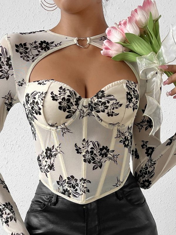Sexy Hollow Out Cutout Long-Sleeved Decorative Steel Ring Boning Corset Slim Top in T-shirts & Tops
