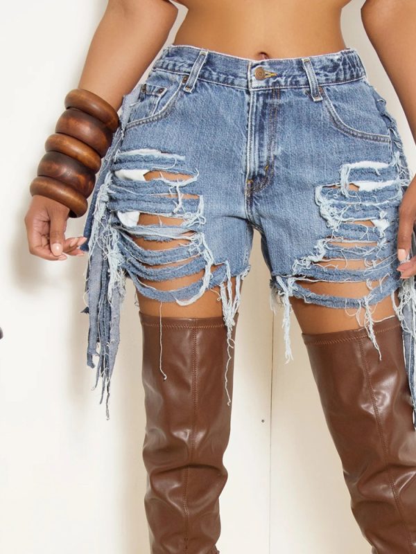 High Waist Ripped Washed Hole Tassel Shorts in Shorts