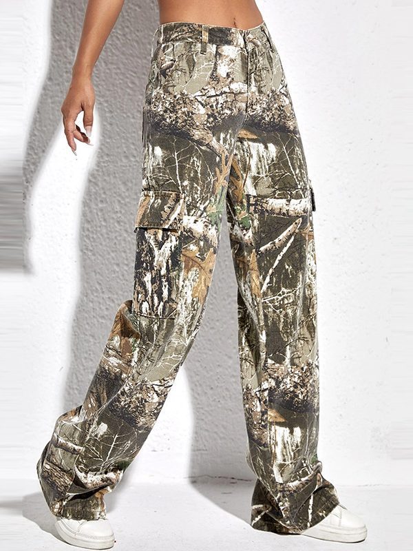 Printed Camouflage High Waist Stitching Zipper Baggy Straight Pants in Pants