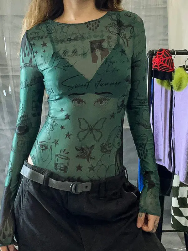 Retro Printed Mesh Transparent Bodysuit in Bodysuits