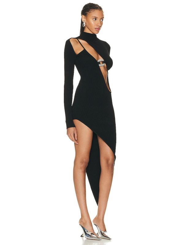 Black Long Sleeve Diamond Decorations Hollow Out Cutout Asymmetric Bandage Dress in Evening Dresses