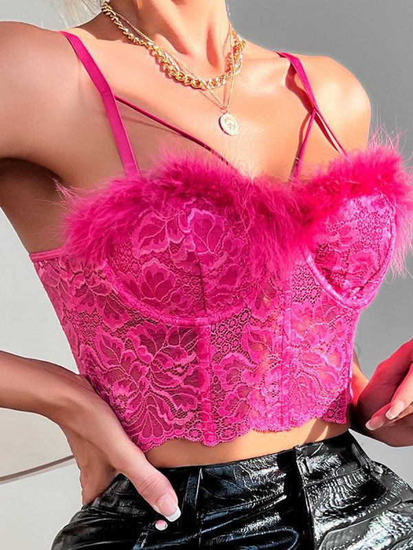 French Lace Boning Corset Feather Tassel Sexy Vest Top in T-shirts & Tops