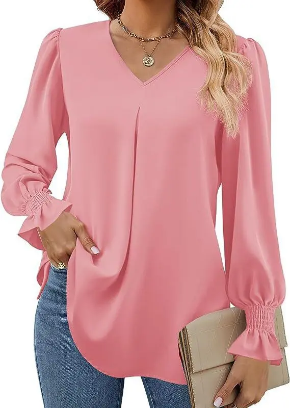 Solid Color Chiffon V Neck Pullover Horn Long Sleeve Top Shirt in Blouses & Shirts