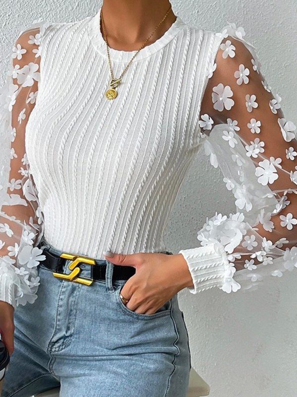 Mesh Small Floral Chiffon round Neck Slimming Pullover Long Sleeve Top in T-shirts & Tops