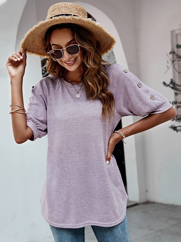 Summer Loose round Neck Button Casual T-shirt in T-shirts & Tops