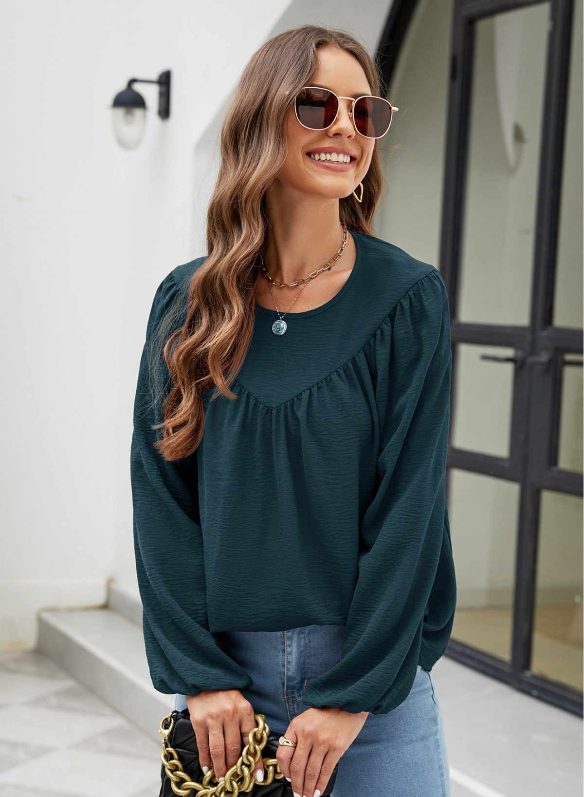 Autumn Solid Color Pullover Lantern Sleeve Chiffon Shirt Top in Blouses & Shirts