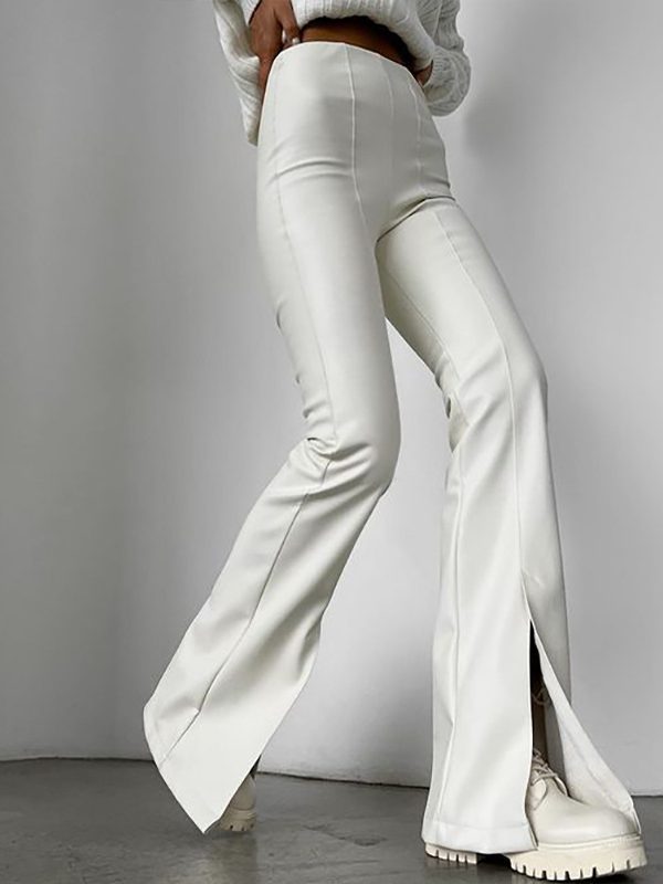 White Stitching Slit Sexy Tight Slightly Flared Leather Pants in Pants