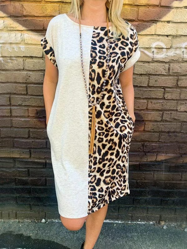 Summer Contrast Color Leopard Print Pullover Short Sleeve Home Dress in Dresses