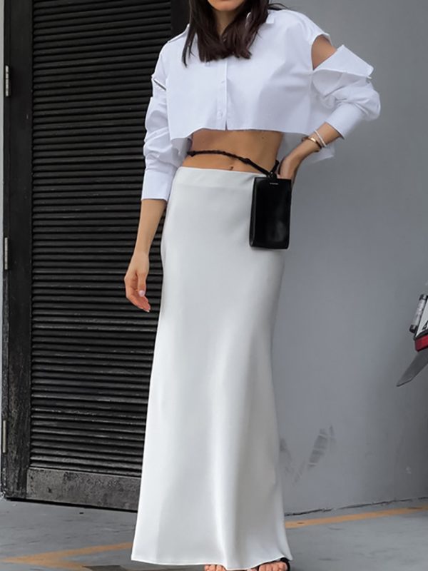 White Casual Office Long Skirt in Skirts