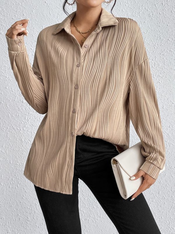 Designed Fold Collar Button Texture Shirt in Blouses & Shirts