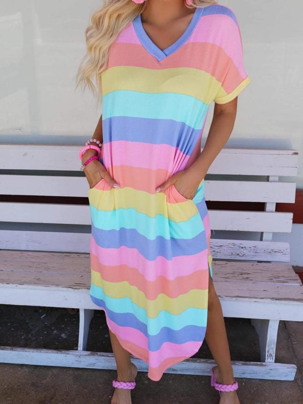 Summer Contrast Color V neck Pullover Short Sleeve Home Dress in Dresses