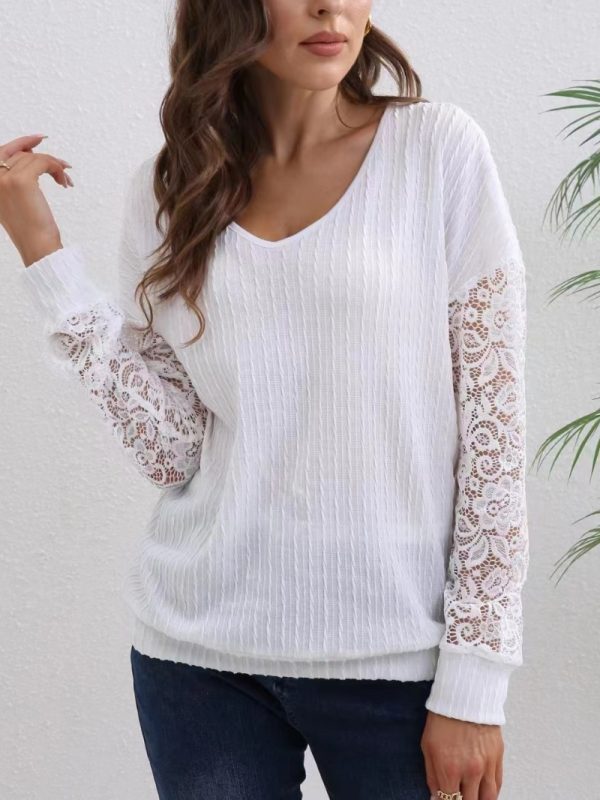 Lace Long Sleeve White V Collar Sweatshirt in Hoodies & Sweatshirts