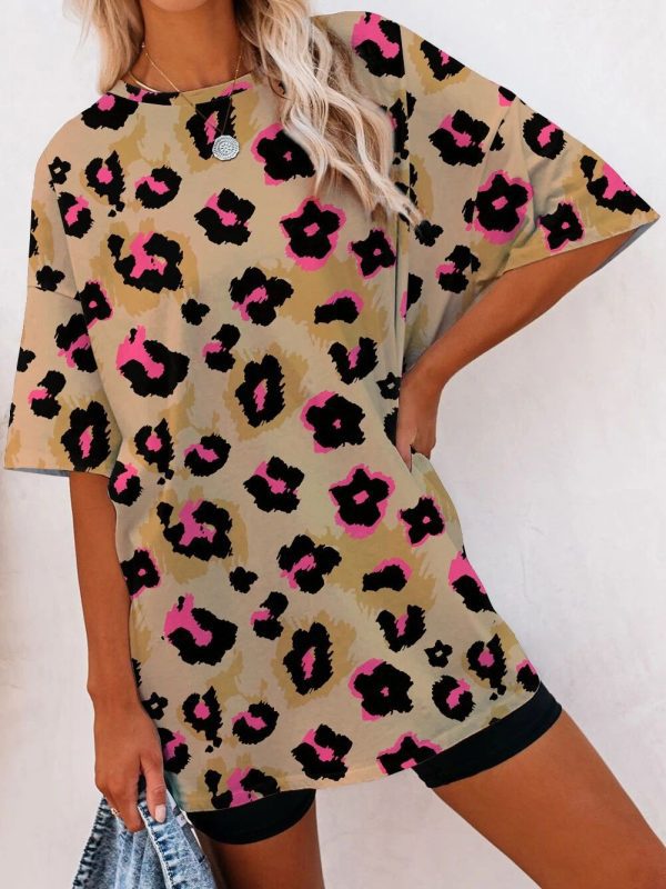 Summer Leopard Print Pullover Short Sleeve round Neck Loose T-shirt in T-shirts & Tops