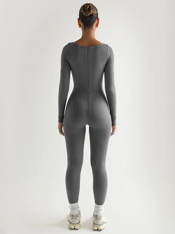 High Elastic Long Sleeve Tights U Collar Stitching Jumpsuit in Jumpsuits & Rompers