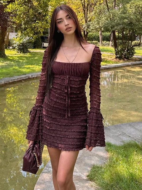 Sexy Square Collar Low Cut Bell Sleeve Slim Fit Hip Tiered Dress in Dresses