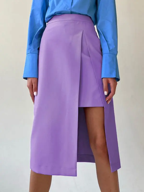 High Waist Asymmetric Split Design Mid-Length Skirt in Skirts