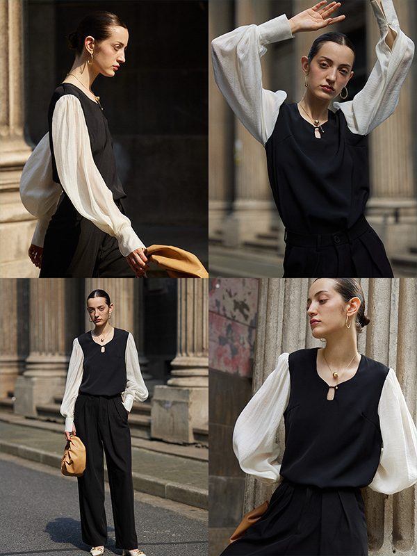 Sheep Hooves Sleeve Slimming Contrast Color Stitching Shirt in Blouses & Shirts