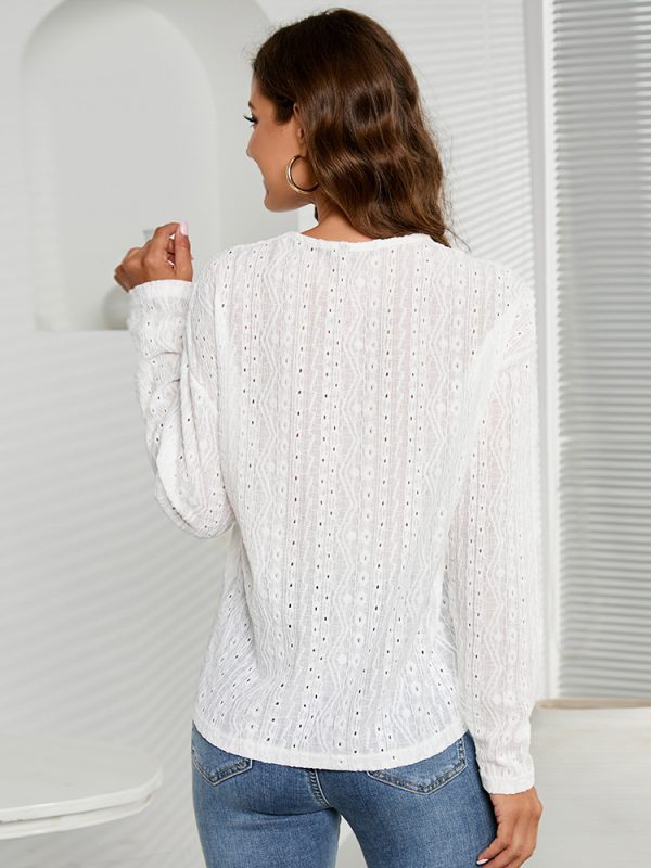 Long Sleeve V neck  Hollowed Casual Knitwear Shirt in Blouses & Shirts