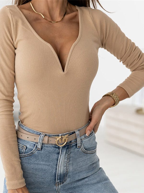 Casual Solid Color Long Sleeve V neck Slim Fit Pullover Women Top in T-shirts & Tops