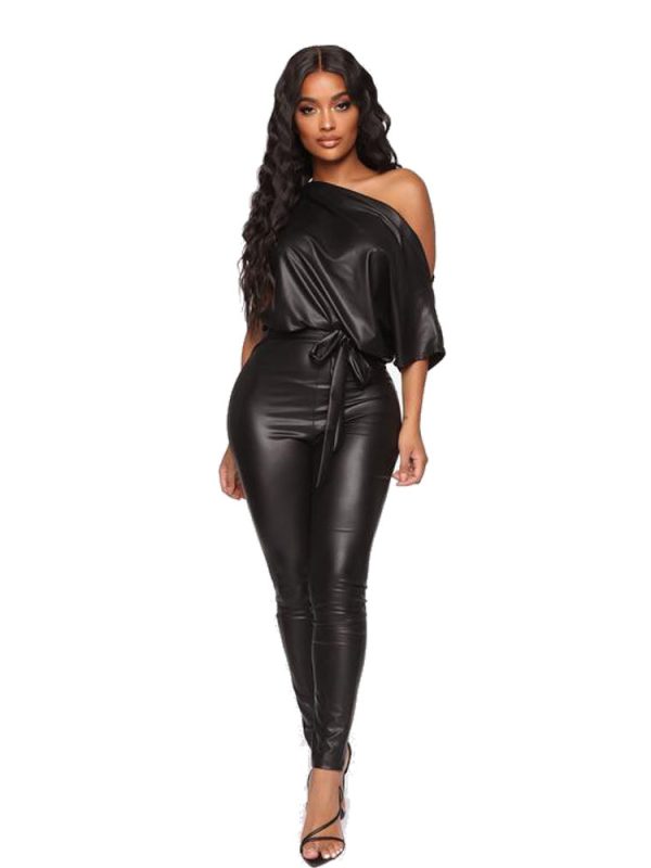 Leather Strap Off The Shoulder Slim Fit One Piece Leather Jumpsuit in Jumpsuits & Rompers