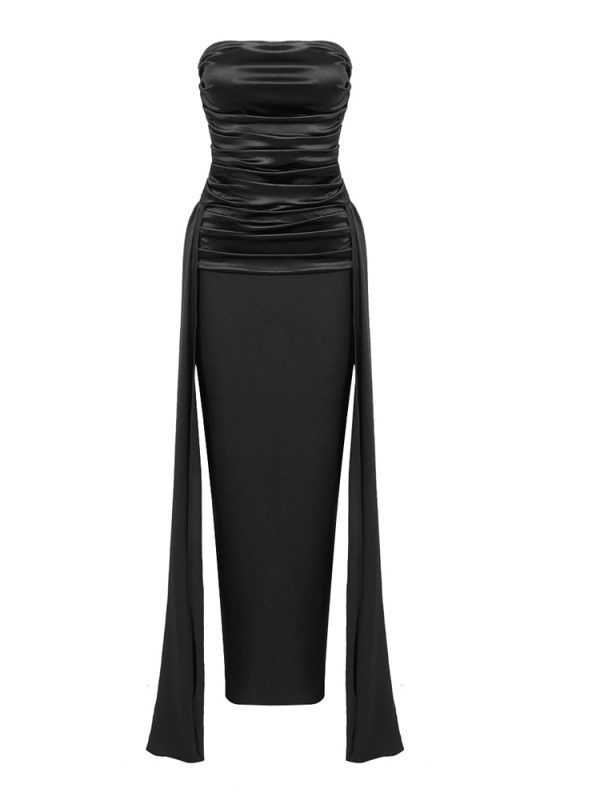 Black Tube Top Pleated Ribbon Summer Dress in Dresses