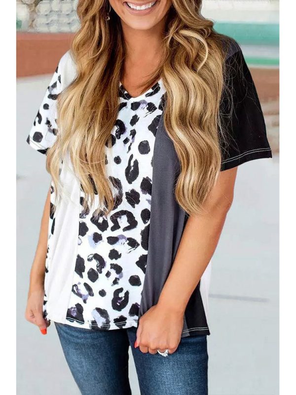 Summer Color Blocking Leopard Print Black White with V neck T-shirt in T-shirts & Tops