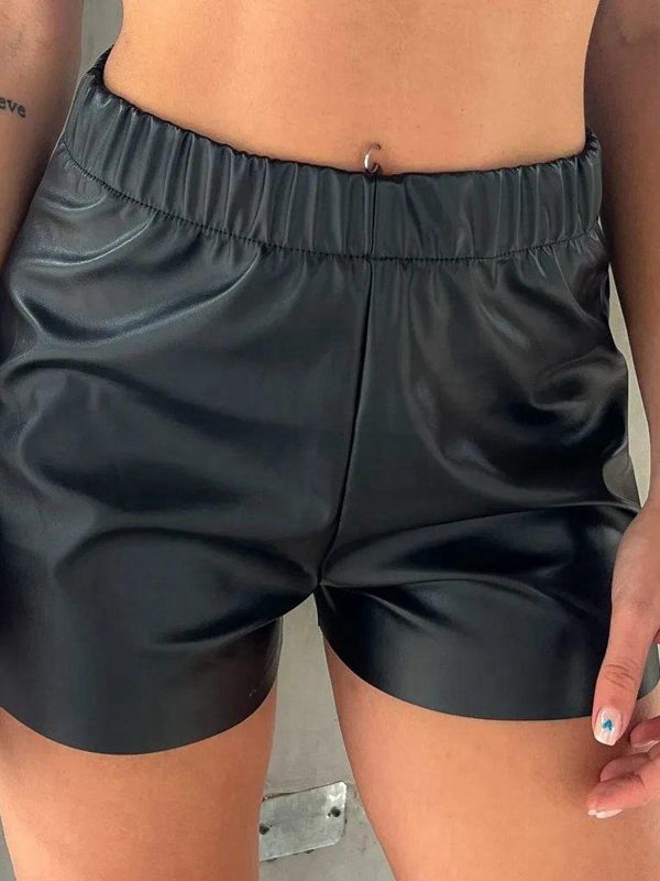 Solid Color Waist Tight Faux Leather Shorts in Shorts