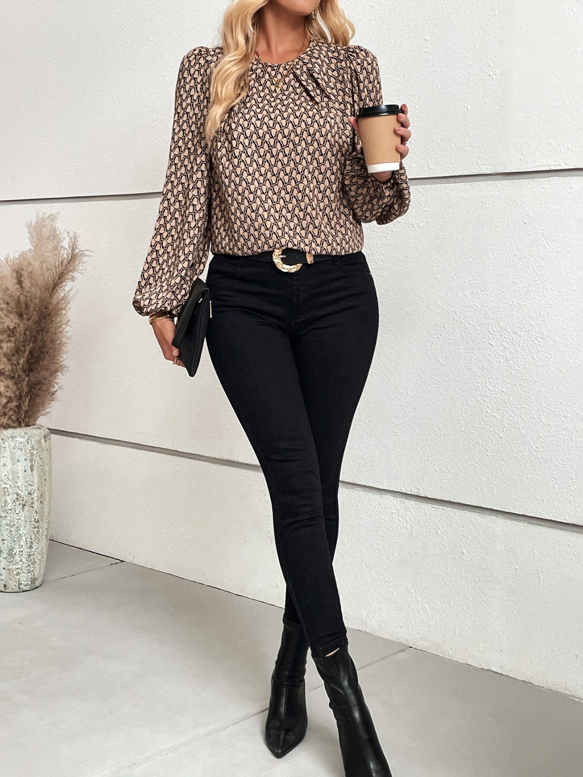 Printed Pleated Collar Lantern Sleeve French Elegant Blouse in Blouses & Shirts
