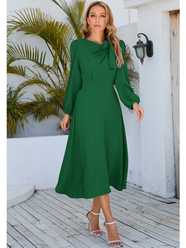 Long Sleeve Round Neck Bow A line Midi Dress in Dresses