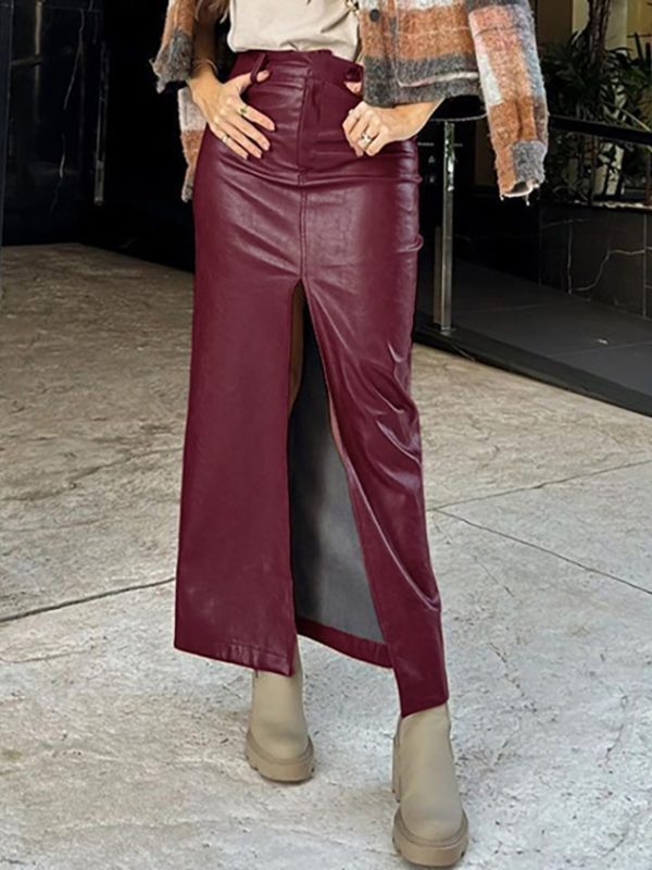 Wine Red Leather Straight Skirt in Skirts