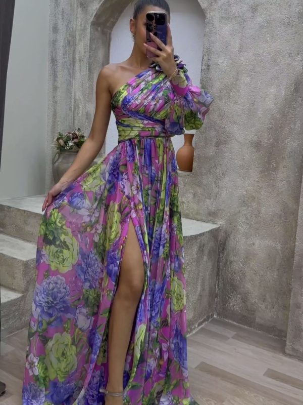Sexy One Shoulder Long Sleeve Floral Dress in Dresses