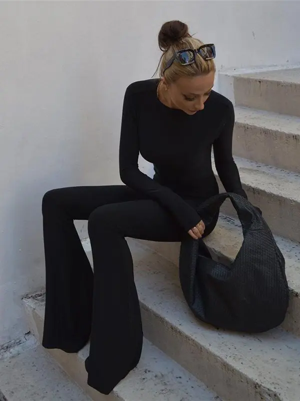 Round Neck Long Sleeve Slim Fit Backless One Piece Jumpsuit in Jumpsuits & Rompers