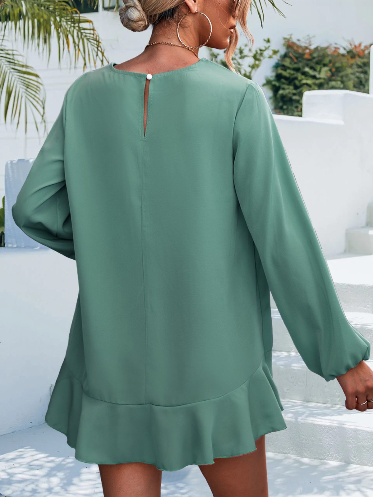 Solid Color Ruffles Lantern Sleeve Irregular Asymmetric Blouse in Blouses & Shirts