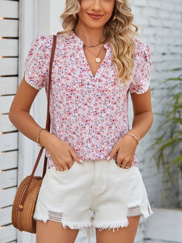 V neck Chiffon Floral Lace Puffed Sleeves Shirt in Blouses & Shirts