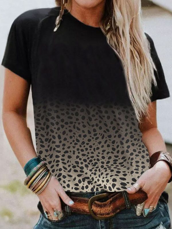 Wind Black Gradient Leopard Print round Neck Short Sleeve T-shirt in T-shirts & Tops