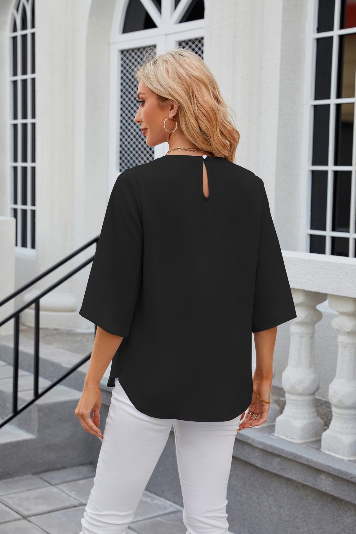 Solid Color round Neck Half Sleeve Short Sleeve Loose Chiffon Shirt in Blouses & Shirts