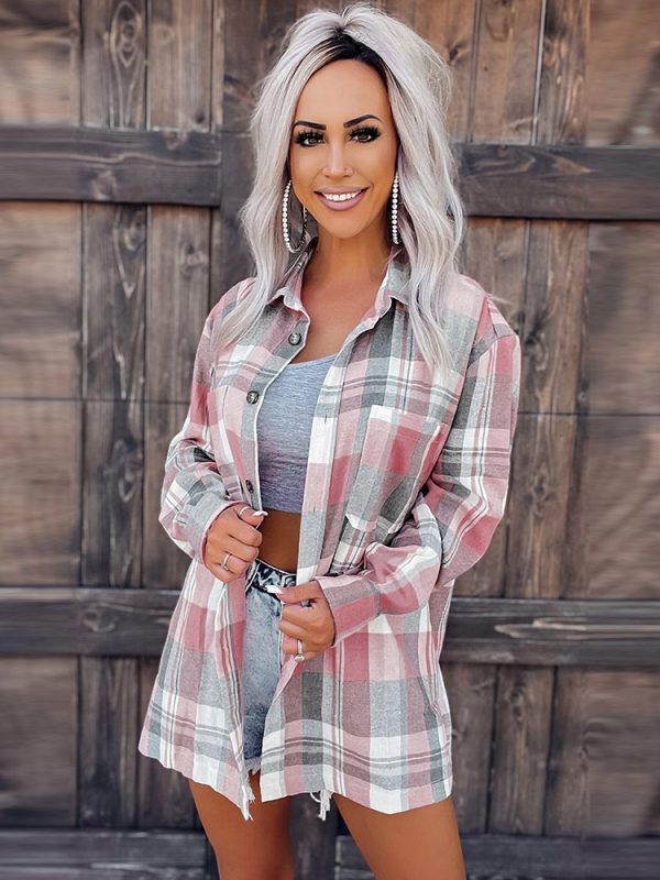 Pink Plaid Button Pocket Shirt in Blouses & Shirts