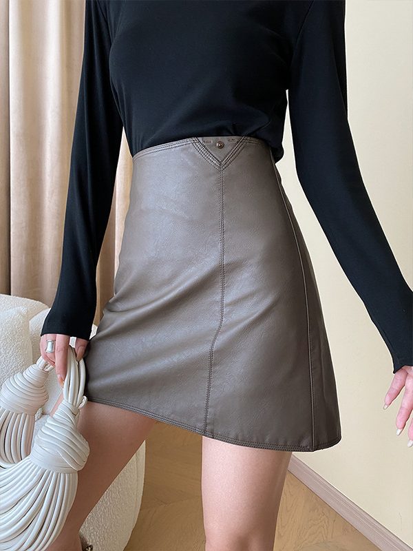 High Waist A line Leather Skirt in Skirts