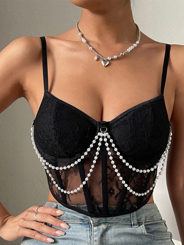Sexy Lace Boning Corset Steel Ring Breasted Pearl Chain Sling Top in T-shirts & Tops