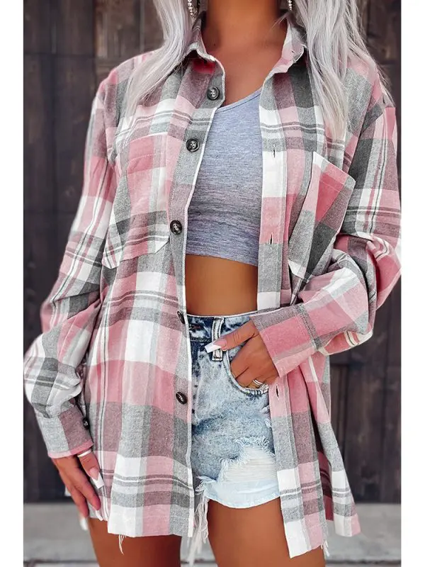 Pink Plaid Button Pocket Shirt in Blouses & Shirts