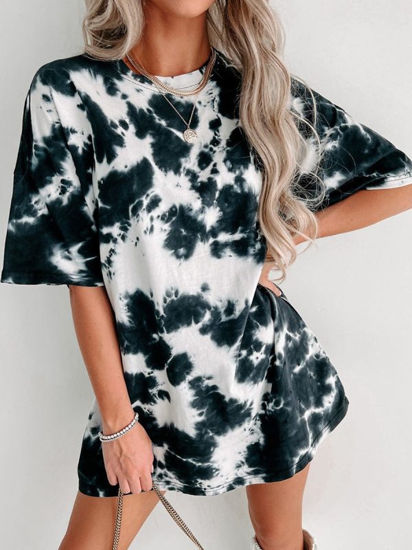 Solid Color Tie Dye round Neck Short Sleeve Loose T-shirt in T-shirts & Tops