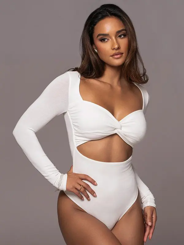 V Neck Long Sleeve Hollow Out Cutout Cropped Bodysuit in Bodysuits