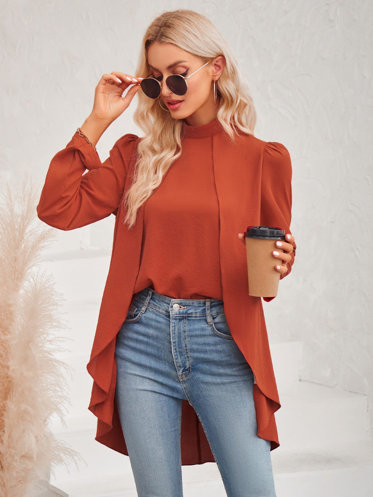Casual Solid Color Half Collar Long Sleeve False Two Piece Shirt in Blouses & Shirts