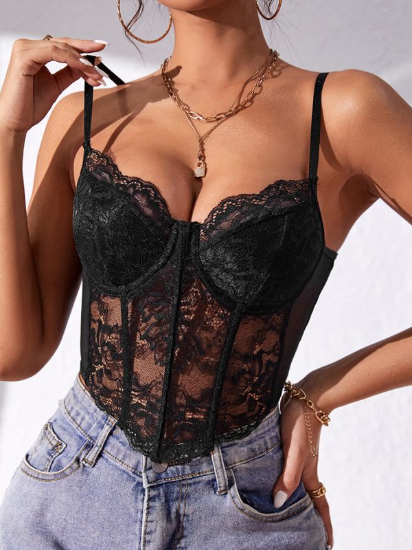 Sexy Lace Diamond Boning Corset Cropped See through Decoration Top in T-shirts & Tops
