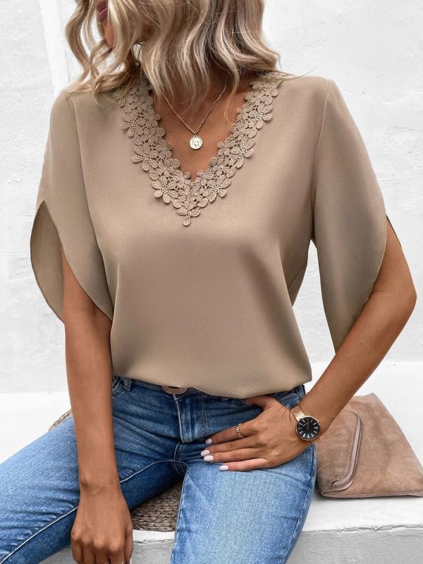 Summer Solid Color Lace V neck Flared Sleeves Loose Shirt in Blouses & Shirts