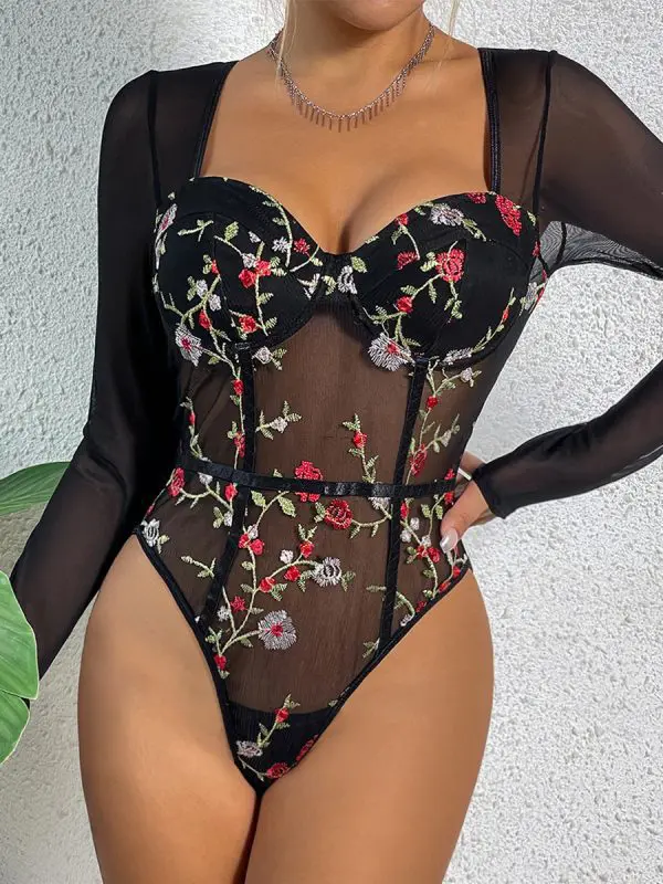 Retro Mesh Floral Embroidery Steel Ring Waist Tight Long Sleeve Sexy Bodysuit in Bodysuits