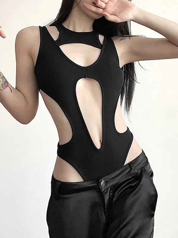 Sexy Hollowed Out Slim Fit Patchwork Figure Flattering Bodysuit in Bodysuits