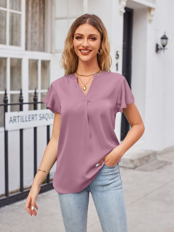 Satin V neck Ruffle Office Work Shirt in Blouses & Shirts