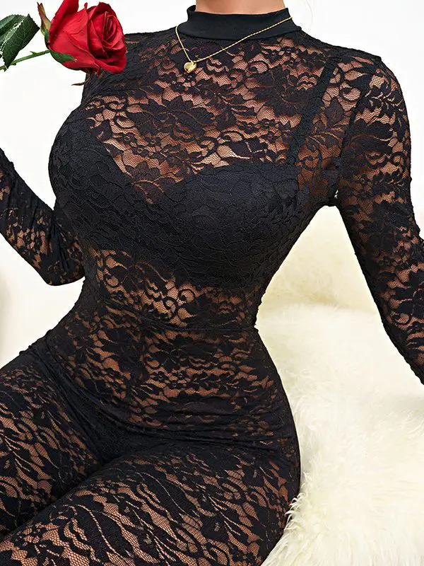 Black Lace Jacquard Hollow Out Cutout Out See-Through Long Sleeve Slim Fit Jumpsuit in Jumpsuits & Rompers