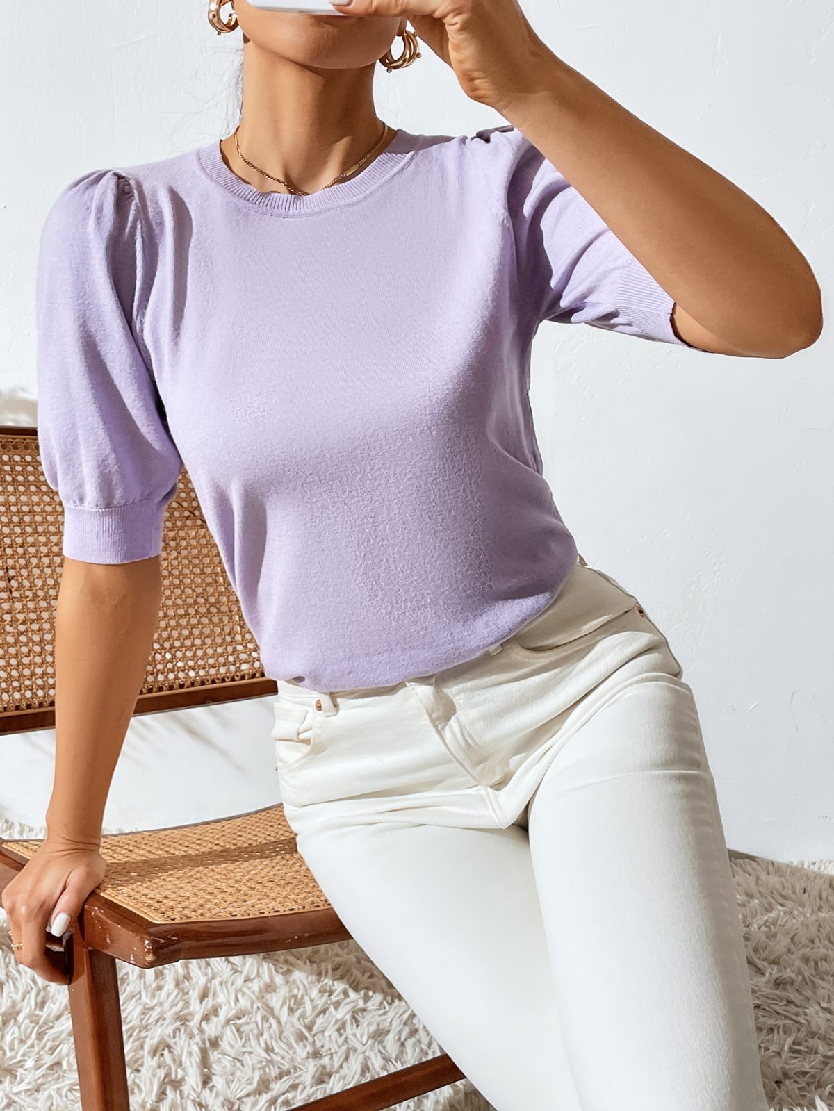 Round Neck Knitted Pleated Short Sleeve Solid Color Sweater in Sweaters